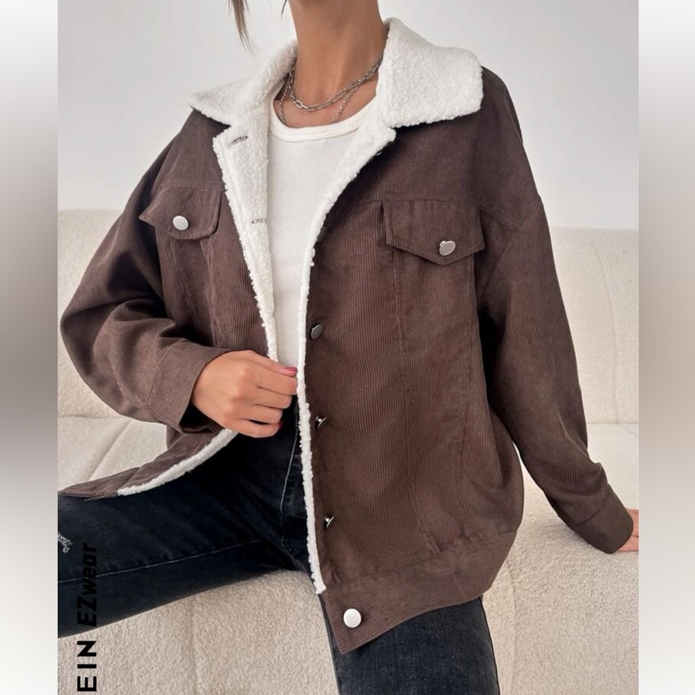 SHEIN Medium Teddy Lined Drop Shoulder Corduroy Jacket Coffee Brown Sherpa - Picture 3 of 8